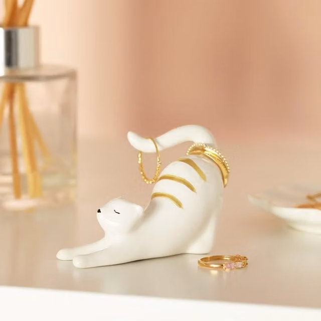 Lisa Angel White and Gold Striped Ceramic Cat Ring Holder