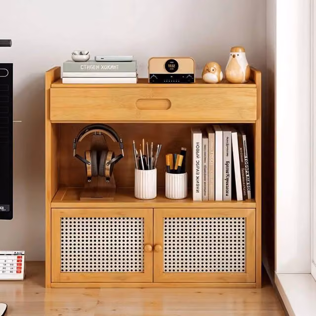 EONLION Bamboo and Rattan Desktop Storage Cabinet in Brown, Width: 100 cm – 1