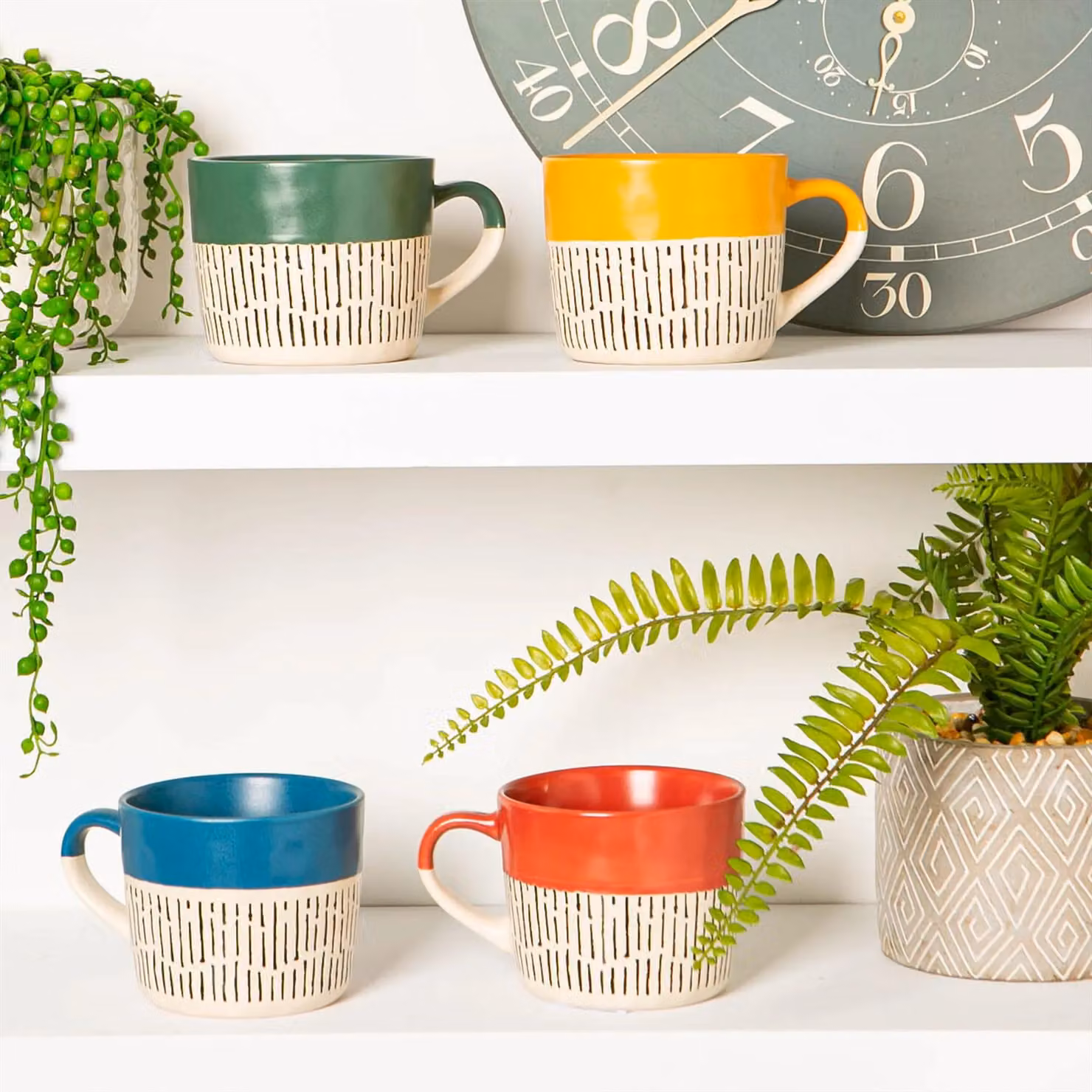 Nicola Spring Dipped Dash Stoneware Coffee Mugs, Multicolour, Pack of 4, 475ml – 4