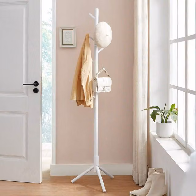 VASAGLE Solid Wood Tripod Coat Rack with 8 Hooks in White