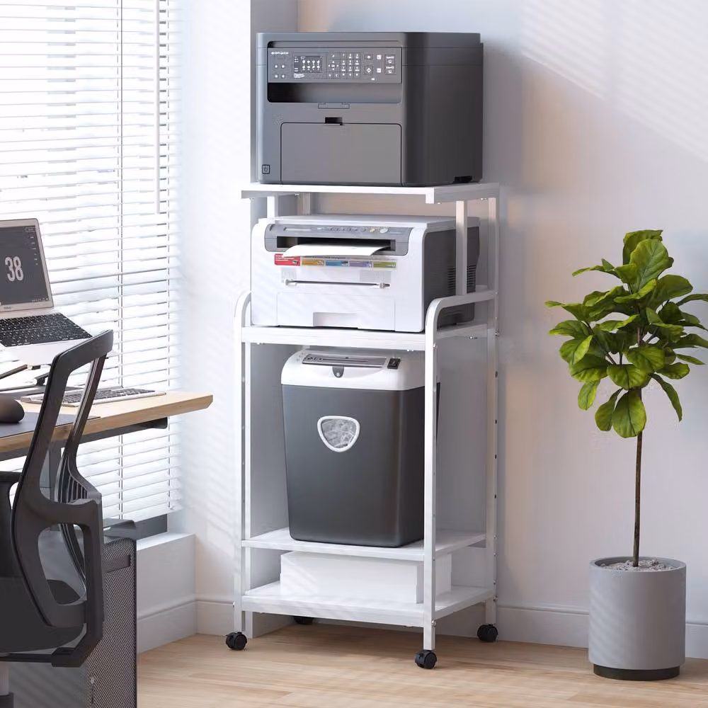 Huhote 4-Tier Printer Stand with Wheels and Adjustable Shelves, White – 3