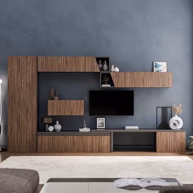 Decorotika Southsea Wall Mounted Modern Entertainment Centre in Black with Geometric Pattern and Open Shelving