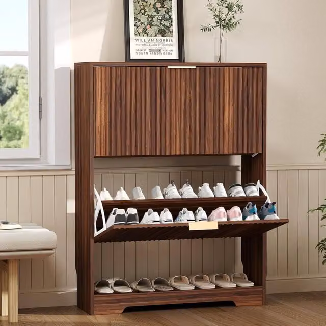 London Boutique Mid-Century Modern Wooden Shoe Storage Cabinet in Walnut with 2 Drawers and Tilting Compartments – 1