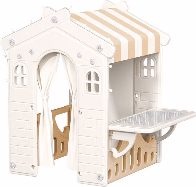 Kidkid Portable Kids Playhouse with Curtain in Beige and Brown