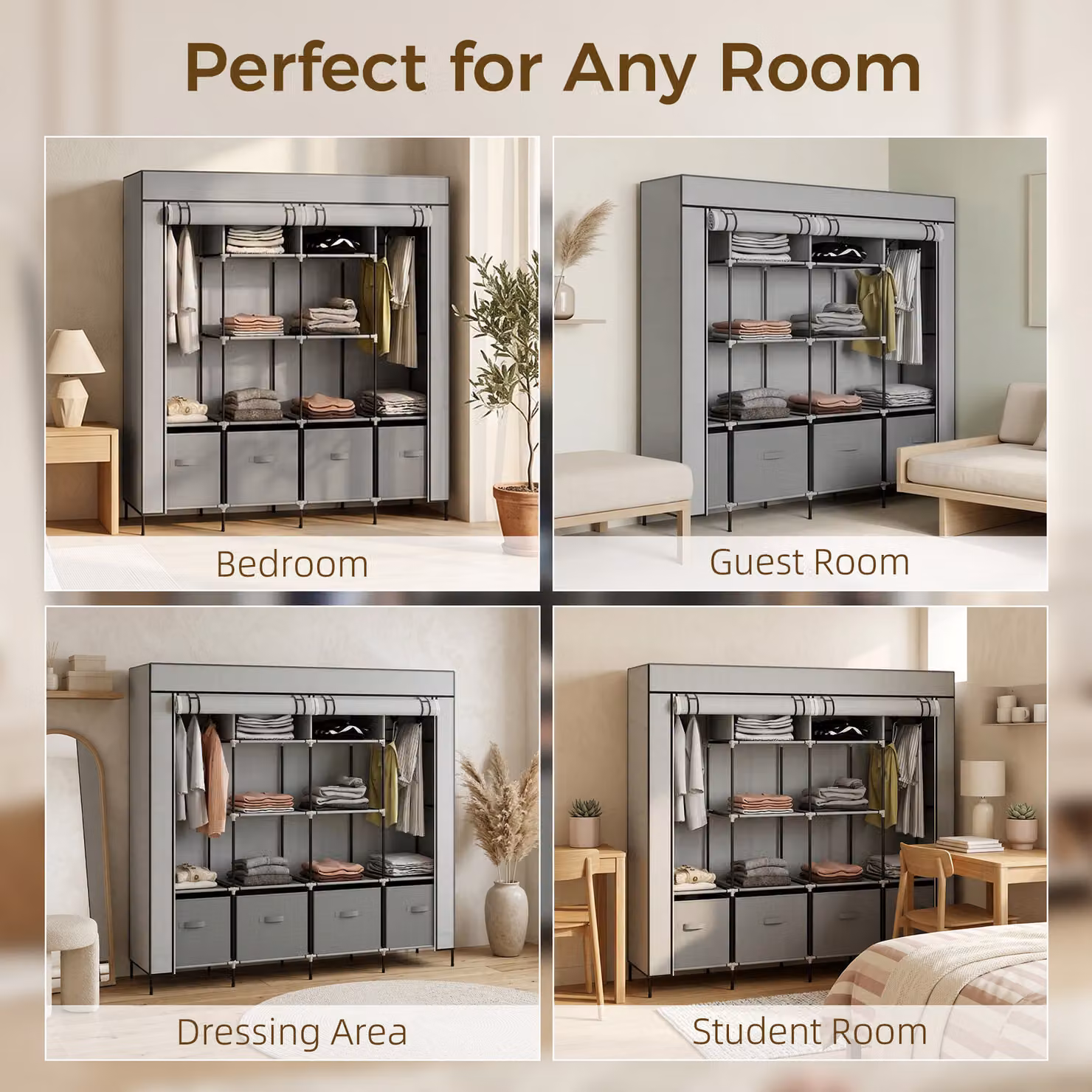 HOMCOM Fabric Wardrobe in Dark Grey with 10 Compartments, 2 Hanging Rails and 4 Drawers, W: 166 cm, D: 42.5 cm, H: 169.5 cm – 4