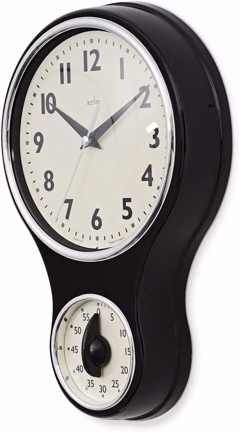 Acctim Kitchen Time Wall Clock Timer Quartz Retro Style with Domed Glass Lens, Black, Diameter: 20 cm – 5