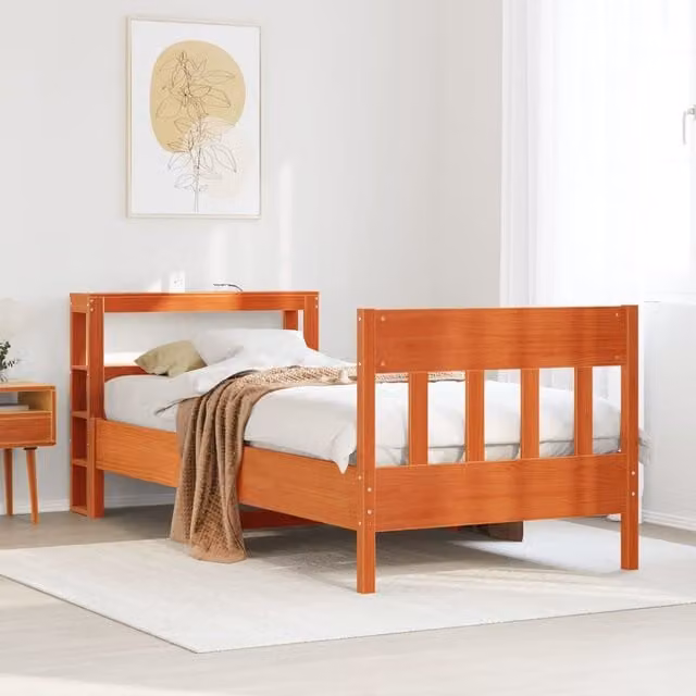 Berkfield Home Small Single Solid Wood Pine Bed Frame in Wax Brown, W/D/H: 75 x 190 x 75 cm