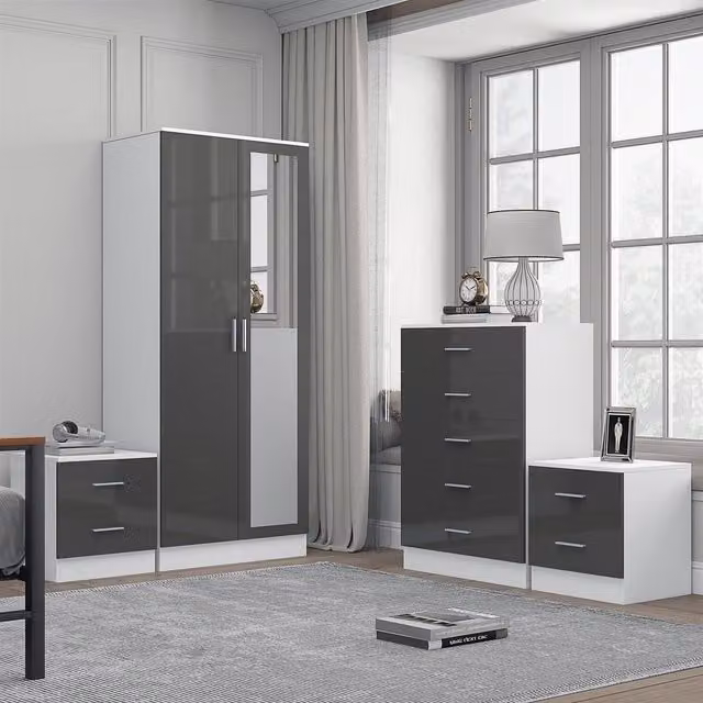 Reflect Modern Bedroom Furniture Set in Grey Gloss and Matt White Finish including 2 Door Mirror Wardrobe, Tallboy Chest and 2 Bedside Tables – 1