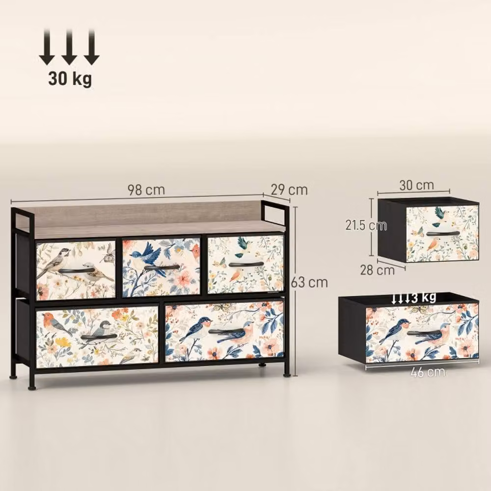 STILVORA Modern 5-Drawer Chest of Drawers with Abstract Multicolour Design in White and Metal – 4