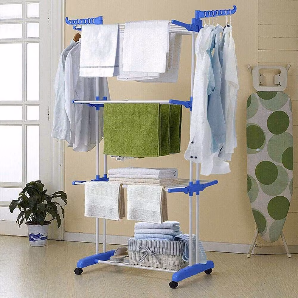 EONLION 3-Tier Foldable Metal Clothes Airer, Blue, W/D/H: 147 x 100 x 15 cm – 3