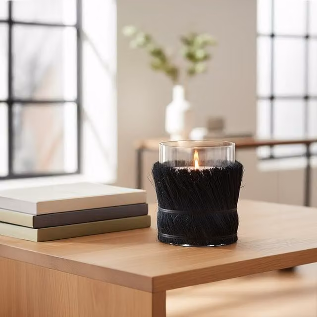 Orsina Modern Round Black Glass and Rattan Taper Candle Holder