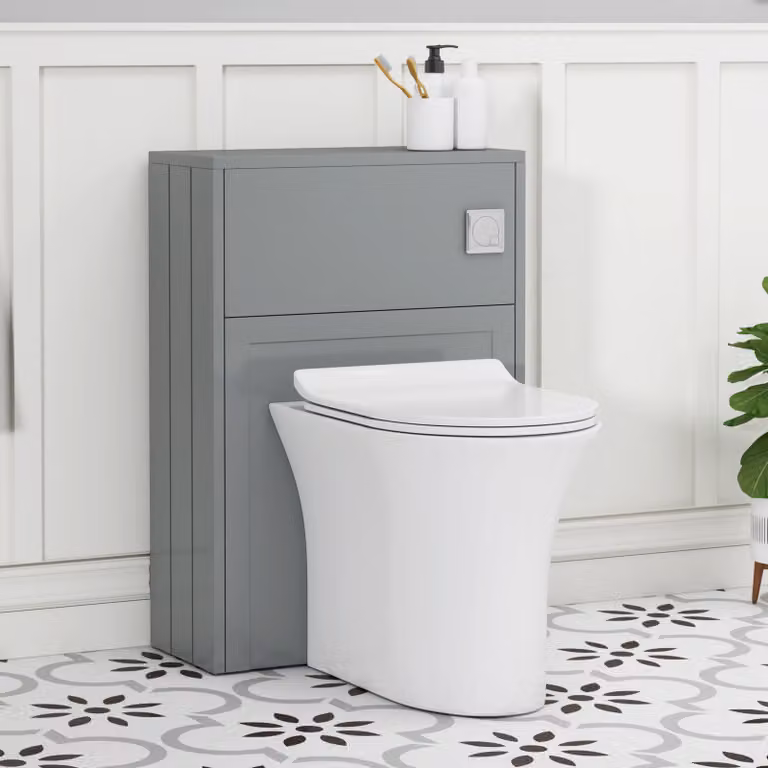 Royal Bathrooms Elmore Matte Pebble Grey Wall Mounted WC Unit with Breeze Rimless Ceramic Toilet Pan, Slim Soft Close Seat and Cistern, Width: 55 cm