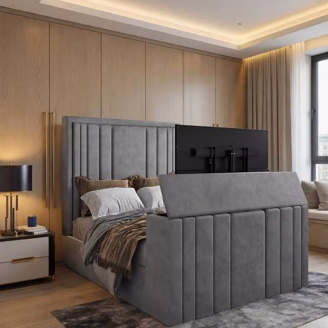 KDMD Ashburnham Bespoke Upholstered Soft Velvet TV Bed Frame in Grey, King Size