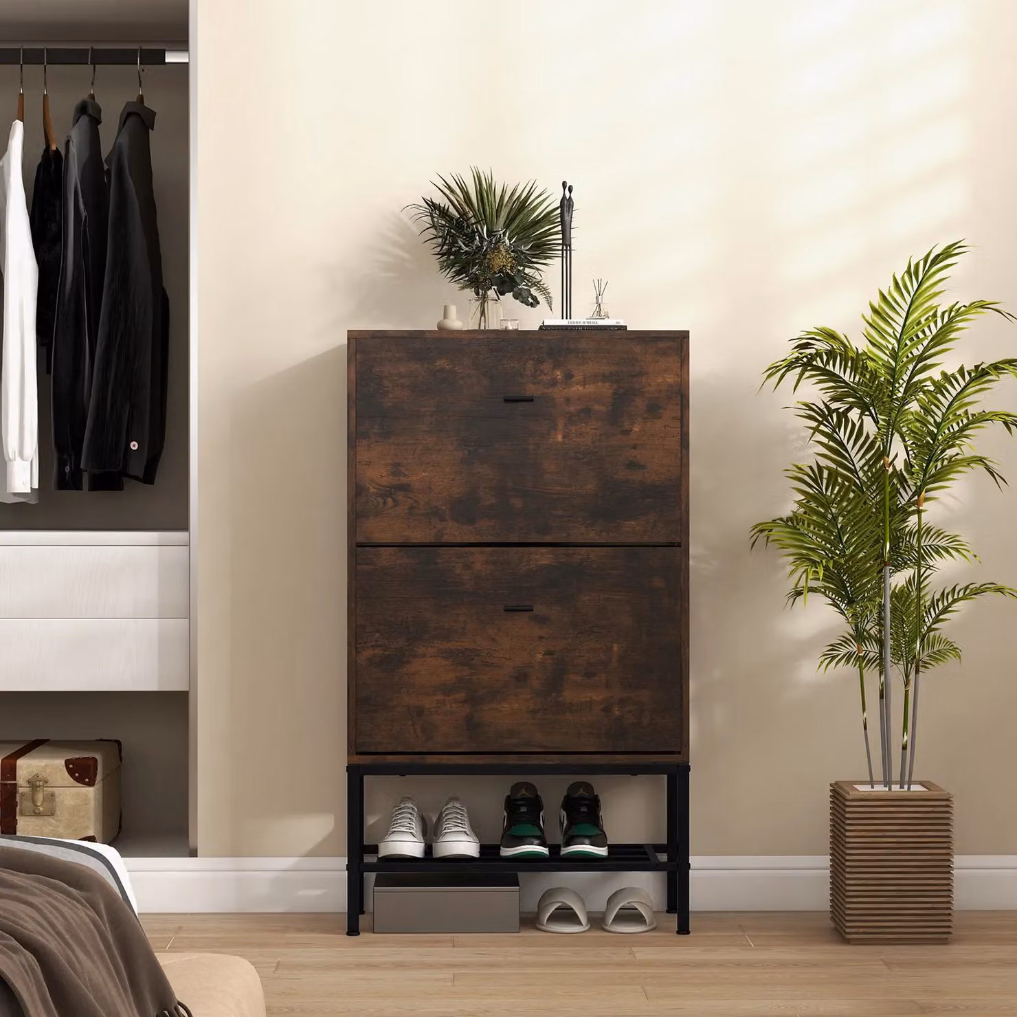 Gymax Freestanding Industrial Shoe Cabinet in Brown with 2 Tilting Drawers and Metal Shelf – 6