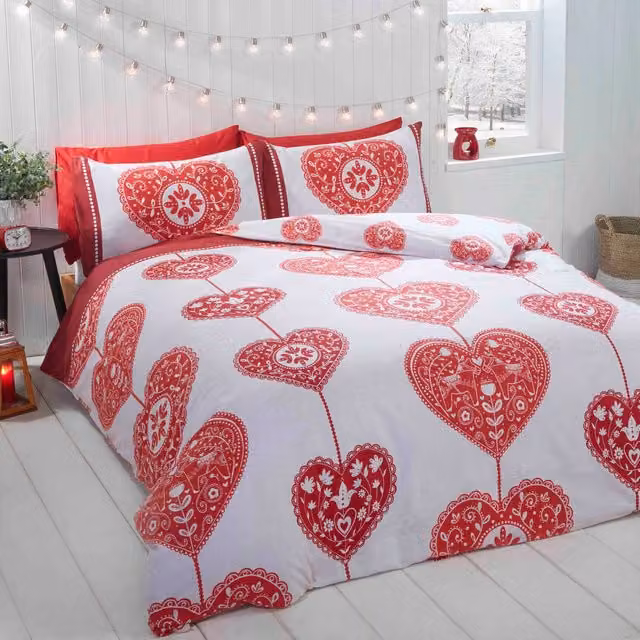 Rapport Home Scandi Heart Red and Grey Cotton Flannel Duvet Set with Pillowcase, W: 200 cm x D: 200 cm