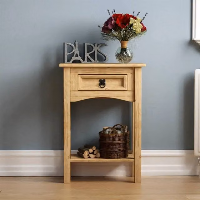 PAWNORA Modern Rectangular Pine Wood Console Table with 1 Drawer and Shelf in Natural Brown – 1
