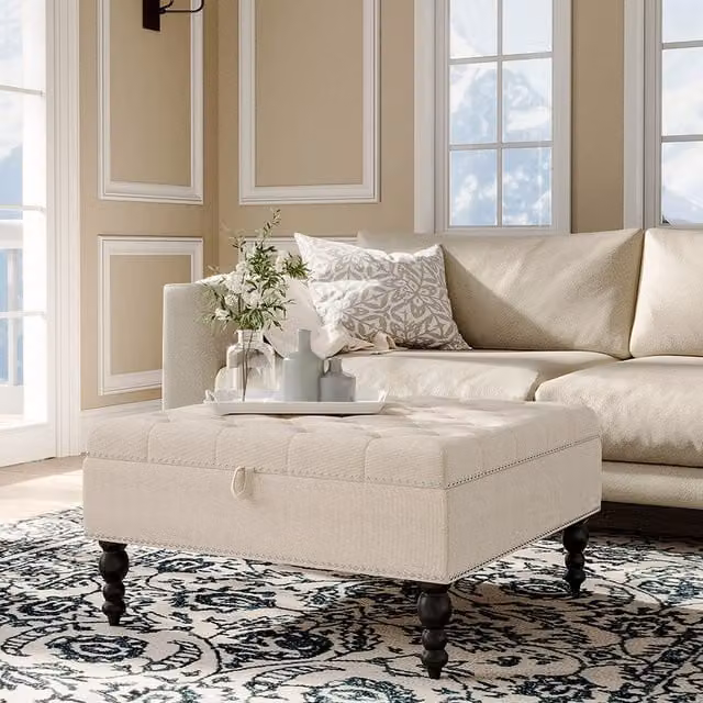 Livingandhome Rectangular Linen Upholstered Storage Ottoman in Beige and Silver