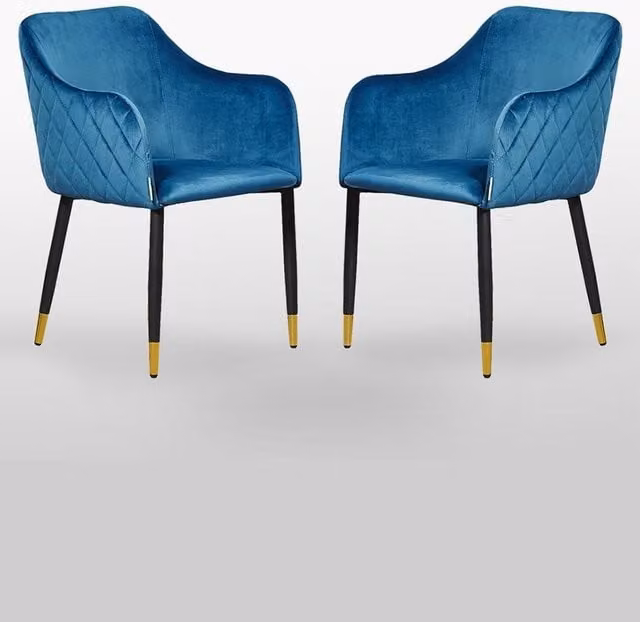 Life Interiors Set of 2 Verona Blue Velvet Dining Chairs with Quilted Back and Black Legs with Gold Foot Caps – 1