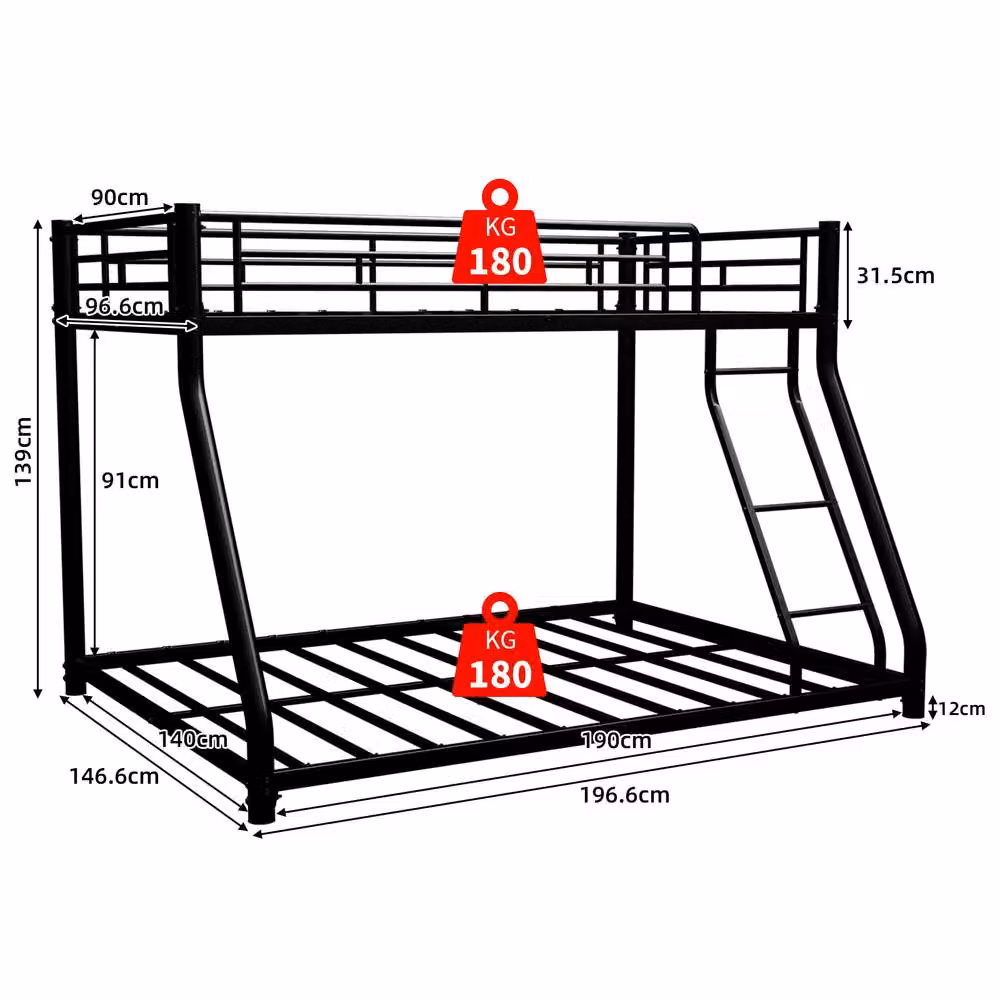 STILVORA Double Sleeper Bunk Bed with 3ft Single Top and 4ft6 Double Bottom, Black Metal – 3