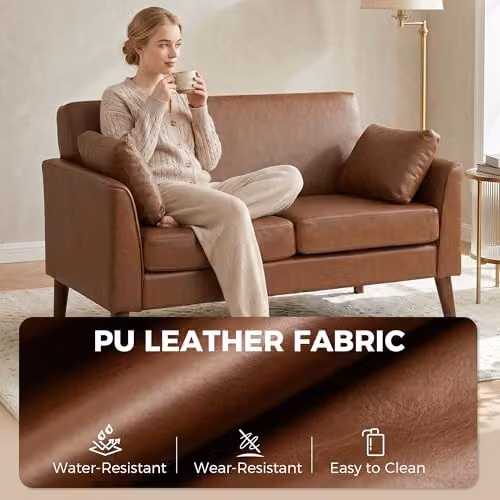 HOMCOM 2 Seater Upholstered Sofa in Brown Synthetic Leather, W: 132 cm, D: 74 cm, H: 79 cm – 4