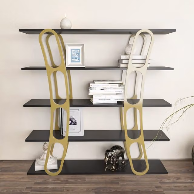 Decorotika Adar 5-Tier Modern Bookshelf in Black and Gold, W/D/H: 120 x 25 x 120 cm