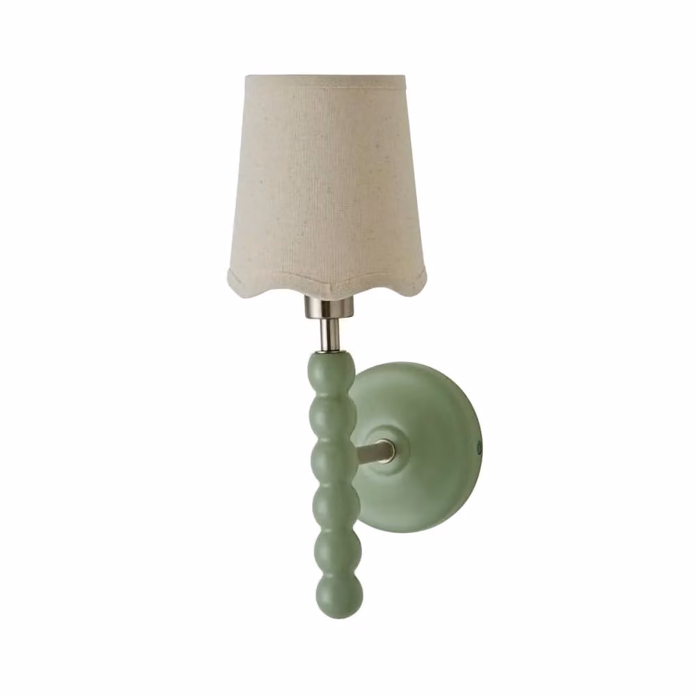 ValueLights Bobbins Wall Light with Green Fabric Scallop Shade and Wood Details – 3