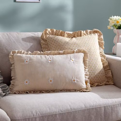 Les Fleurs Embroidered Ruffle Rectangular Cushion in Beige and Multicolour, W: 50 cm, H: 30 cm – 2