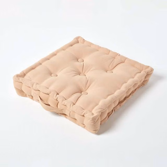 Homescapes Cotton Square Floor Cushion in Beige and Brown, Height: 8 cm
