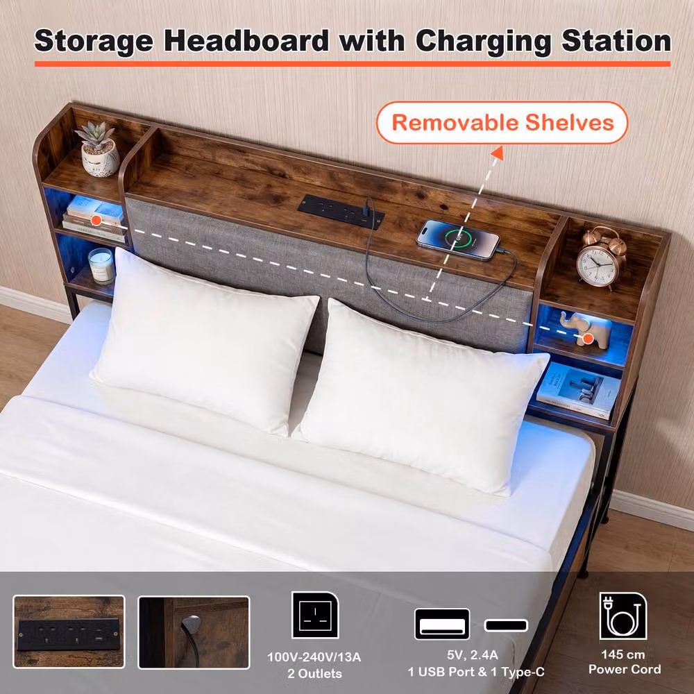 Costway King Size Bed Frame in Brown with LED Lights, USB Charging Port and Storage Drawers, W/D/H: 180 x 200 cm – 6