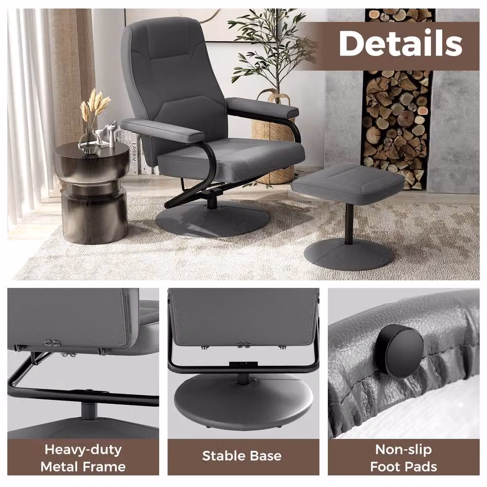 Costway Grey 360 Swivel Reclining Chair with Adjustable Backrest and Ottoman – 5