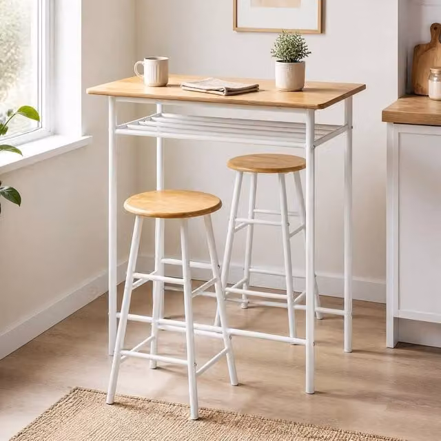 STILVORA Bar Table and Chair Set with Storage Shelf and Steel Frame in Light Oak and White