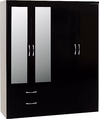 Seconique Nevada 4 Door 2 Drawer Mirrored Wardrobe in Black Gloss