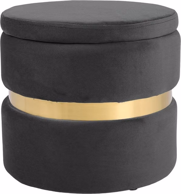 Livingandhome Cylindrical Velvet Upholstered Storage Ottoman with Gold Metal Trim in Grey