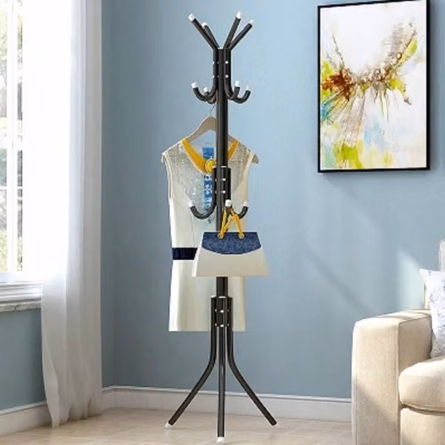 PAWNORA 12 Hook Metal Floor Standing Clothes Hanger Post Tree in Black