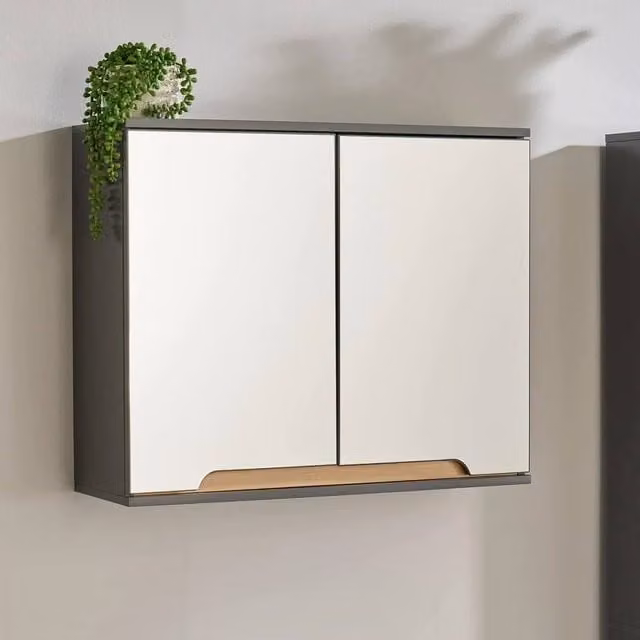 SPETLEK Modern Wall Mounted Grey Bathroom Cabinet with Mirrored Glass Doors