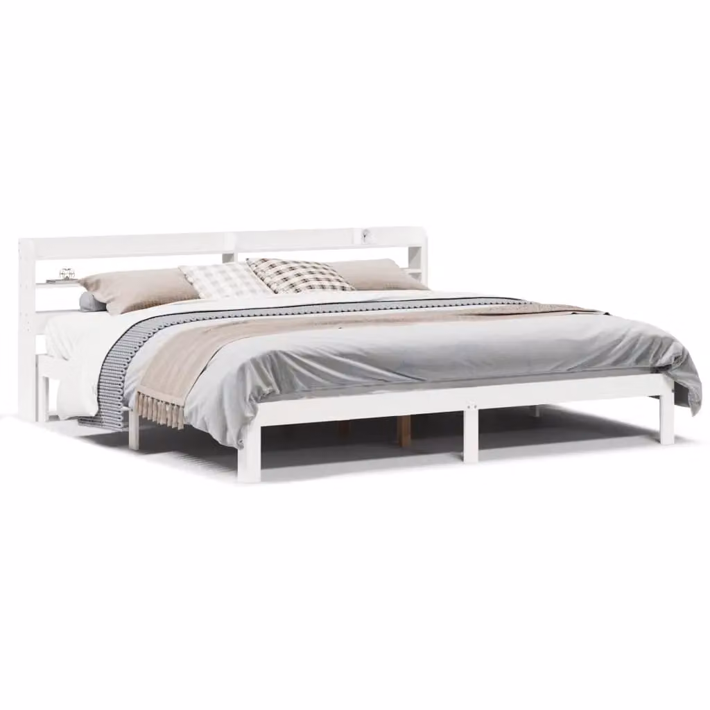 Berkfield Home White Rustic Solid Pine Bed Frame with Headboard and Side Compartments, 200 x 200 cm – 2
