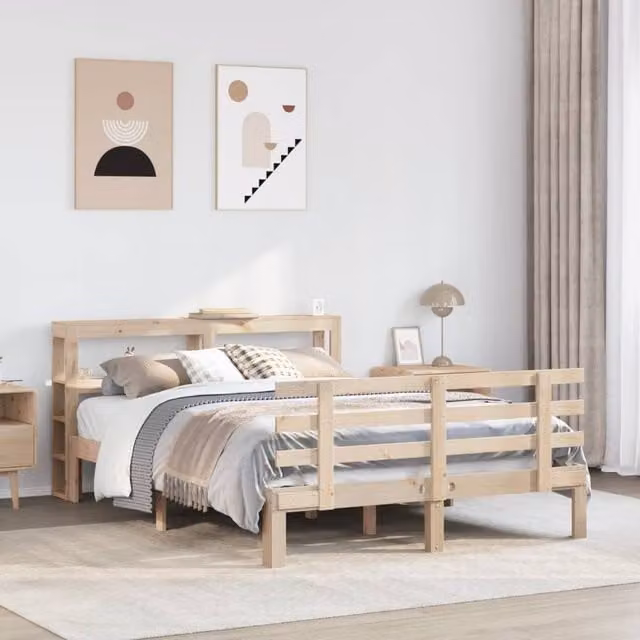Berkfield Home Rustic Brown Solid Pine Bed Frame with Headboard and Side Compartments, W/D/H: 140 x 190 cm