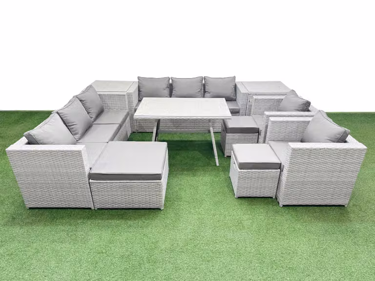 Fimous 11 Seater Garden Furniture Set with 3 Stools and 2 Side Tables in Light Grey Polyrattan