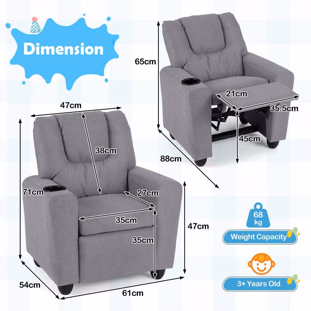 CASART Kids Adjustable Recliner Lounge Chair in Grey with Armrests and Solid Wood Frame – 4