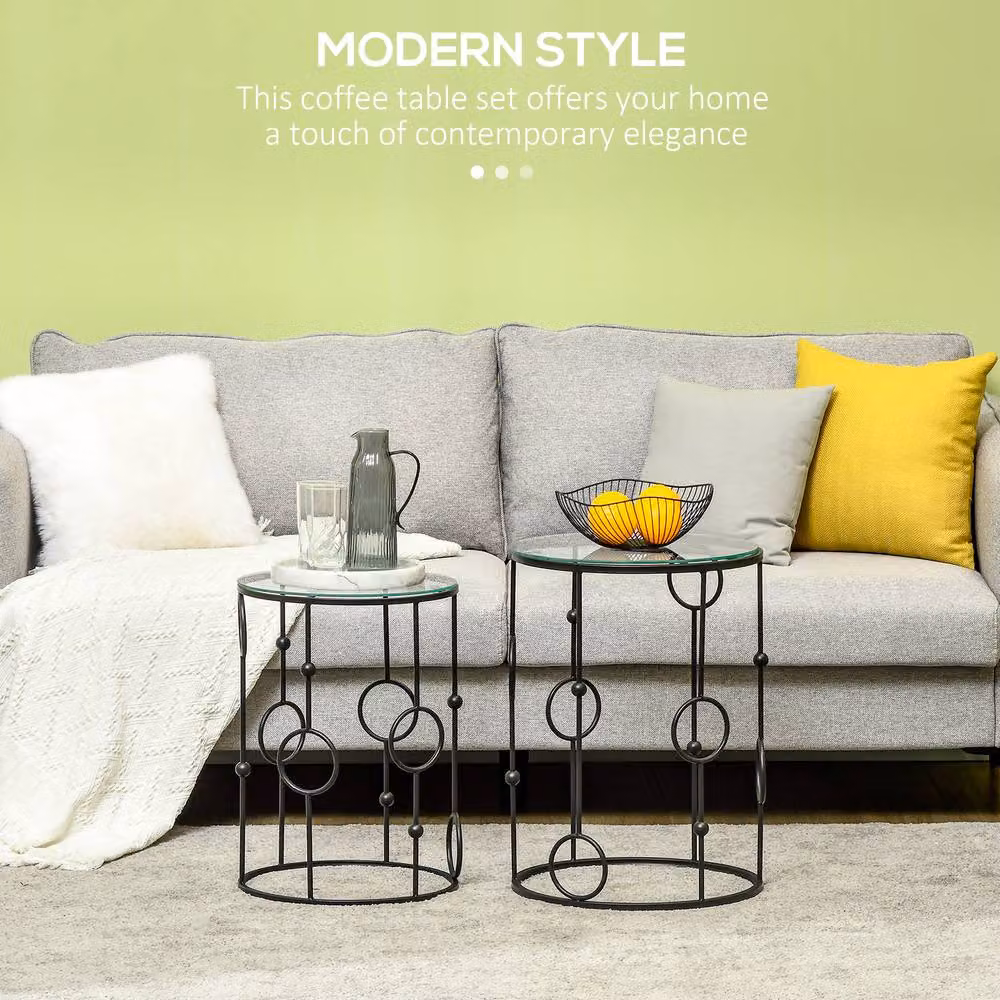 HOMCOM Set of 2 Modern Round Nesting Coffee Tables with Black Glass Tops – 3