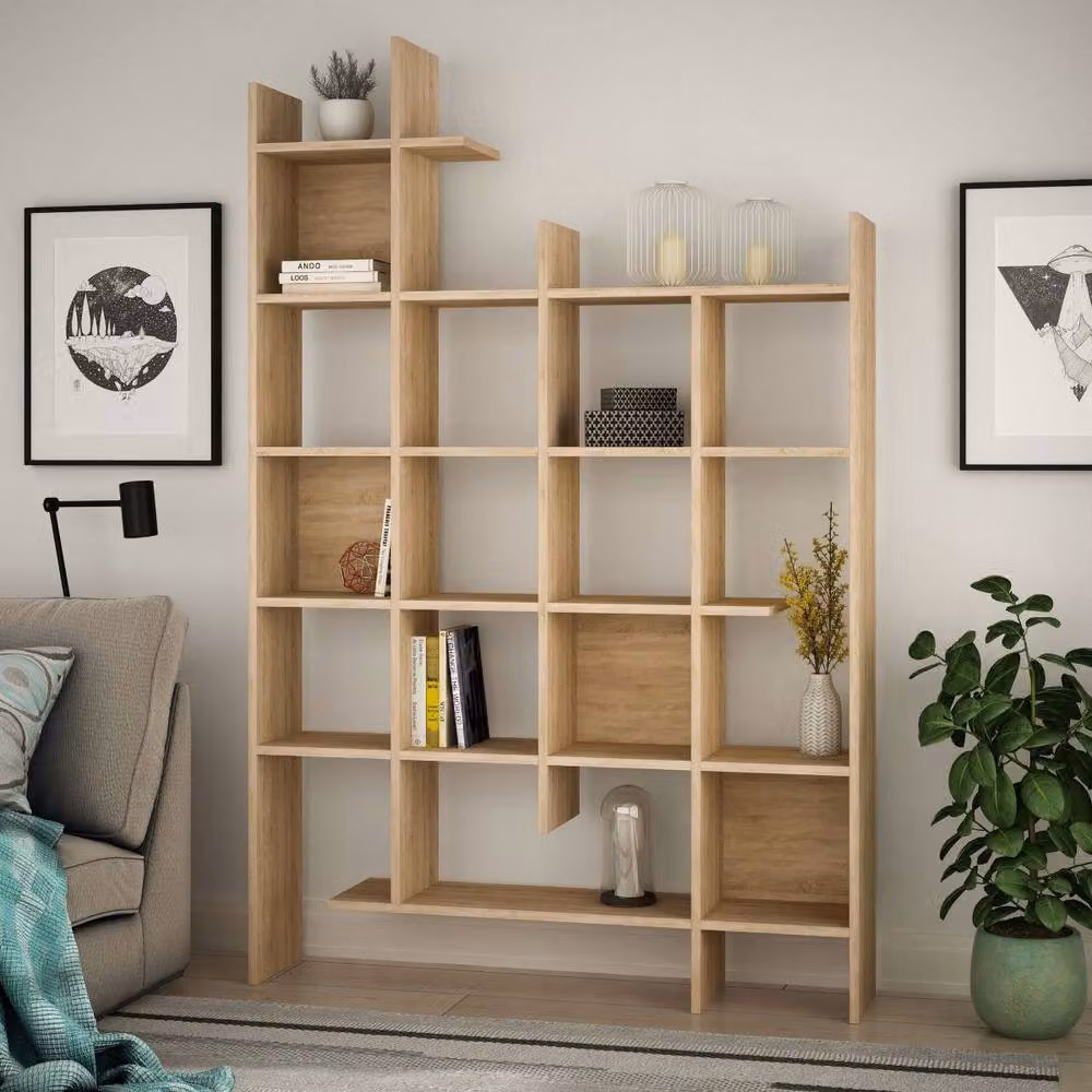 CALICOSY Manco 18-Shelf Shelving Unit in Light Oak, H 188 cm x W 122 cm x D 25.5 cm – 2