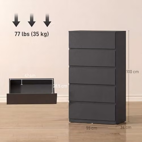 HOMCOM Black 5-Drawer Chest of Drawers with Soft-Close Drawers for Bedroom or Living Room – 3