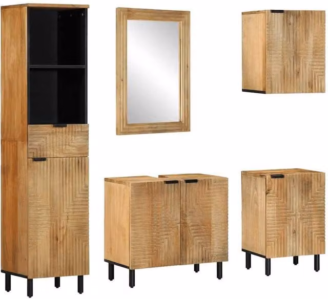 Berkfield Home 5 Piece Industrial Bathroom Furniture Set in Brown Solid Mango Wood