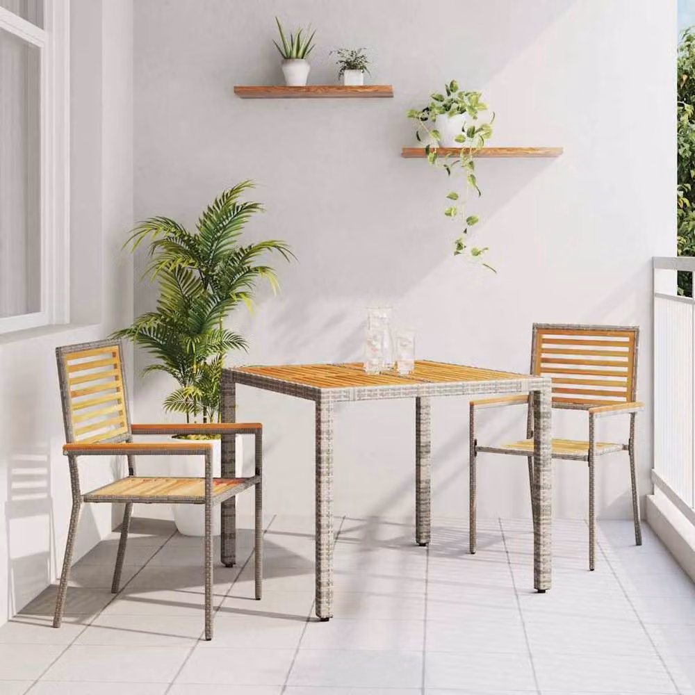 Berkfield Home Modern 3 Piece Grey Poly Rattan and Acacia Garden Dining Set – 2