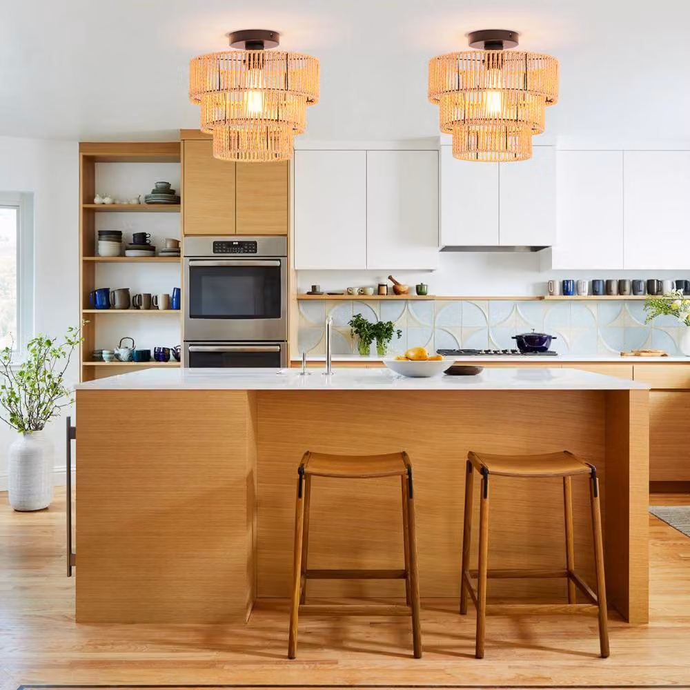 Garwarm Boho Geometric Rattan Pendant Light in Beige and Black – 2