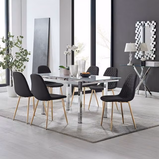 Furniturebox Enna White Glossy Glass Extending Dining Table and 6 Corona Gold Leg Chairs in Black