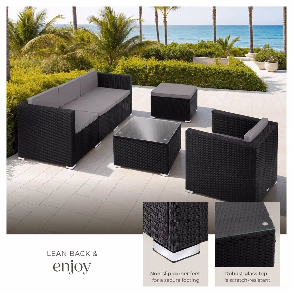 tectake Lignano Modern L-Shape Garden Furniture Set in Black with Upholstered Lounge Armchair and Matching Ottoman – 4