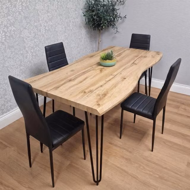 Kosy Koala Arizona Black Rustic Wood and Metal Rectangular Dining Table and 4 Chairs Set, Width: 140 cm