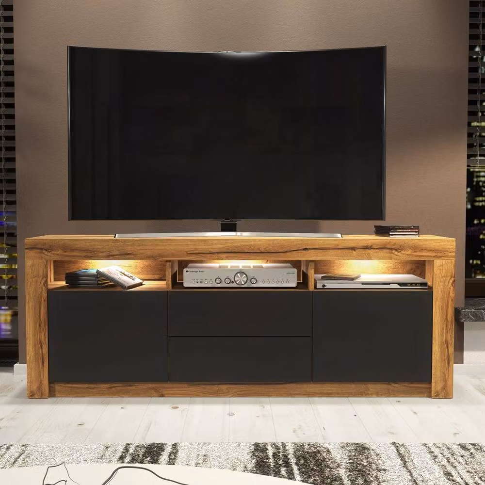 FORGEVIO Modern Wood TV Unit and Sideboard Cabinet in Brown and Black with Integrated Lighting – 3