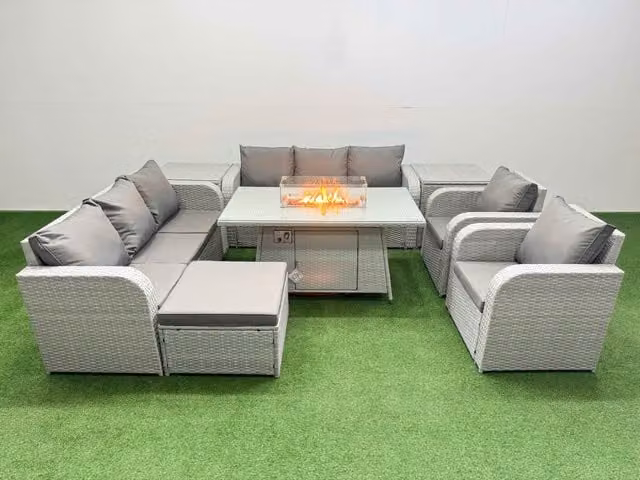 Fimous Grey PE Rattan High Back Lounge Sofa Set with Firepit Dining Table, 3 Seater Sofa, Reclining Chair, Footstool and 2 Side Tables